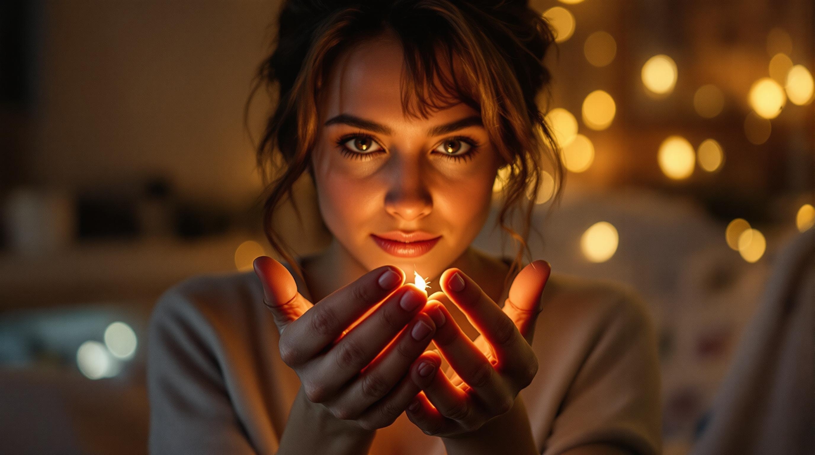 woman holding a single flame with both hands