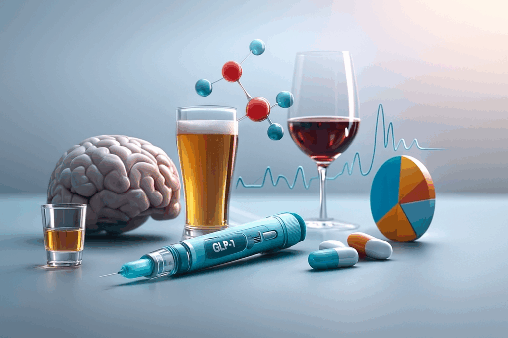 A 3D-rendered medical illustration featuring a brain model, alcohol glasses, GLP-1 injection pen, pills, molecular structure, and health chart on a light blue surface.