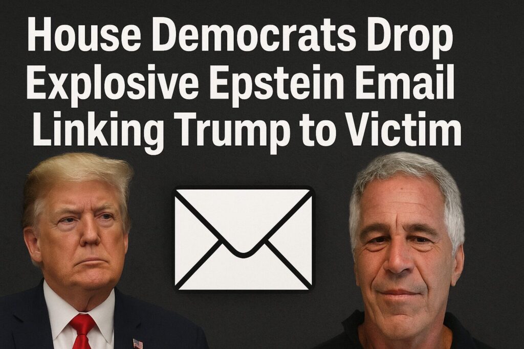 Digital news graphic showing Jeffrey Epstein and Donald Trump side by side with the headline “House Democrats Unveil Epstein Email Alleging Trump Spent Hours With Victim,” symbolizing new political