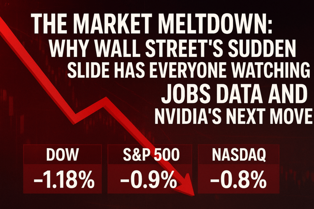 Digital news-style graphic showing Wall Street’s falling stock indexes with red downward arrows, stock charts, and financial tickers symbolizing a sharp market slide.