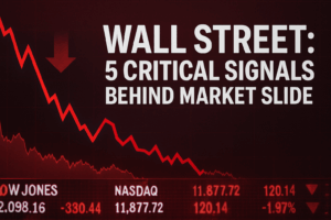 Digital news graphic showing a red downward-trending stock chart with falling index numbers and the headline “Wall Street: 5 Critical Signals Behind Market Slide.”