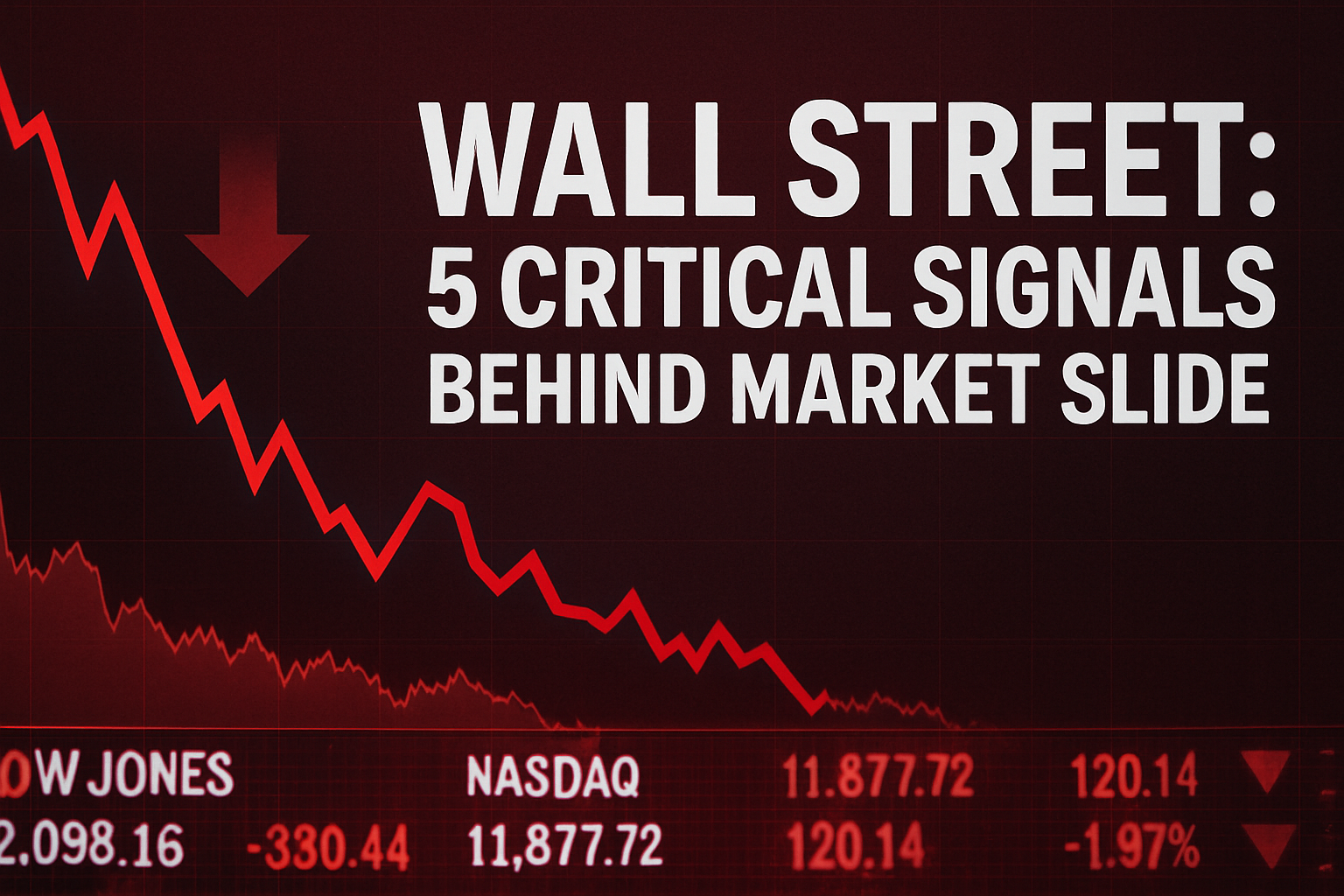 Digital news graphic showing a red downward-trending stock chart with falling index numbers and the headline “Wall Street: 5 Critical Signals Behind Market Slide.”