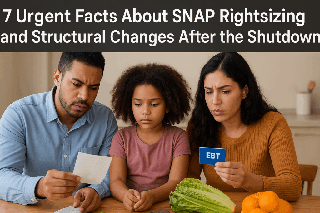 Image showing a concerned family reviewing grocery items with an EBT card on a kitchen table, symbolizing SNAP program changes after the federal shutdown.