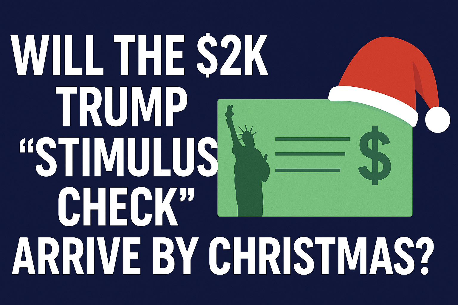 A straightforward news headline graphic illustrating a story about the status of President Trump’s proposed $2,000 tariff dividend payment and whether it could be issued by Christmas, emphasizing the policy’s timeline and legal hurdles.