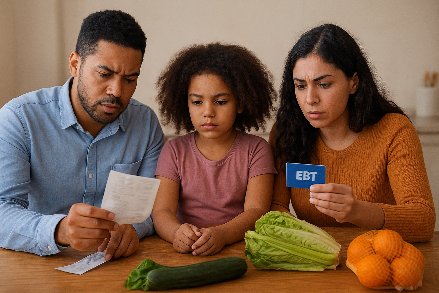 Image showing a concerned family reviewing grocery items with an EBT card on a kitchen table, symbolizing SNAP program changes after the federal shutdown.