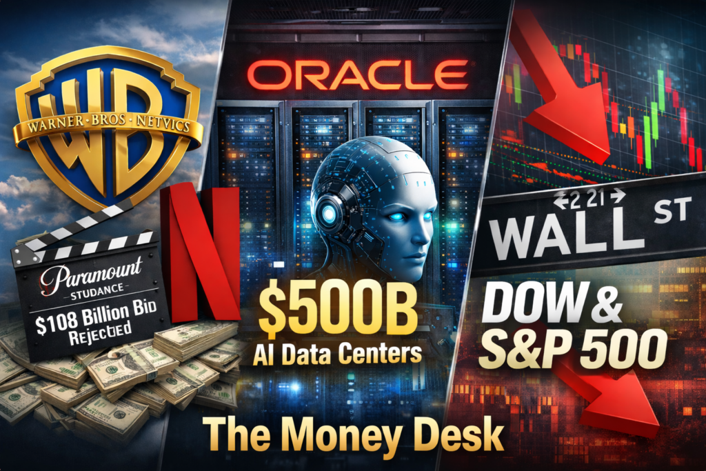 financial news graphic showing Warner Bros and Netflix imagery alongside a rejected Paramount $108 billion bid, Oracle data centers symbolizing a $500 billion AI infrastructure surge, and Wall Street graphics with falling Dow and S and P 500 indicators, branded as The Money Desk.