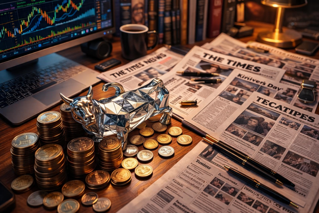 A polished silver bull statue sits on stacks of gold and silver coins beside financial newspapers and a stock market screen in a modern trading workspace.