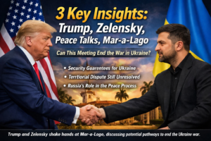 Donald Trump and Volodymyr Zelensky shake hands at Mar a Lago during peace talks over the Ukraine war