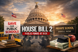 Mississippi State Capitol representing debate over House Bill 2 and public school funding.