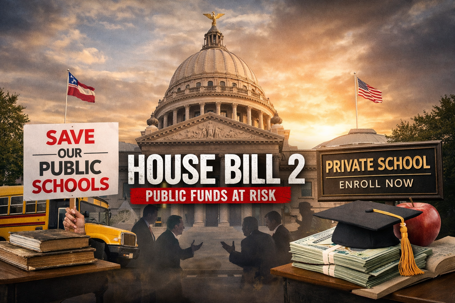 Mississippi State Capitol representing debate over House Bill 2 and public school funding.