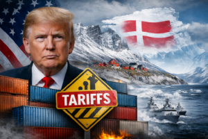 Donald Trump against a stark Arctic Greenland landscape with a prominent “TARIFFS” sign and shipping containers in the foreground.