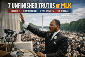 Martin Luther King Jr standing at the Lincoln Memorial delivering his I Have a Dream speech before a massive crowd