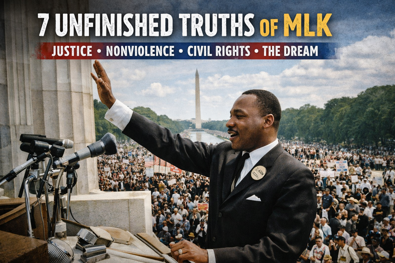 Martin Luther King Jr standing at the Lincoln Memorial delivering his I Have a Dream speech before a massive crowd