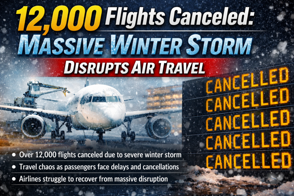 Snow-covered airplane parked on runway with airport cancellation board during a winter storm