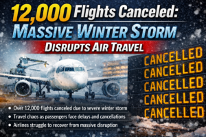 Snow-covered airplane parked on runway with airport cancellation board during a winter storm