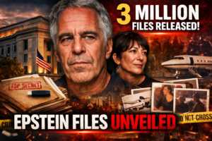 DOJ building with headline about Epstein files release and public records
