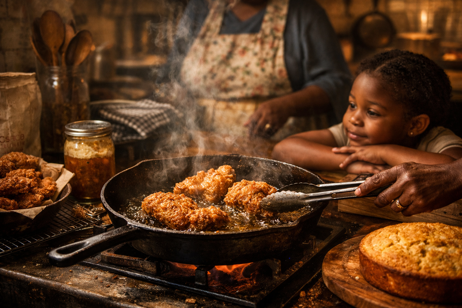 Seasoned cast iron skillet frying chicken in a traditional family kitchen.