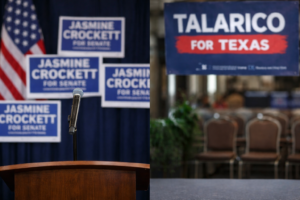 Jasmine Crockett and James Talarico speaking at separate campaign events during the Texas Senate Democratic primary.