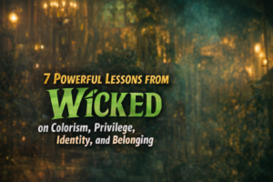 Elphaba standing confidently apart from a glamorous crowd, symbolizing identity, privilege, and the struggle for belonging.