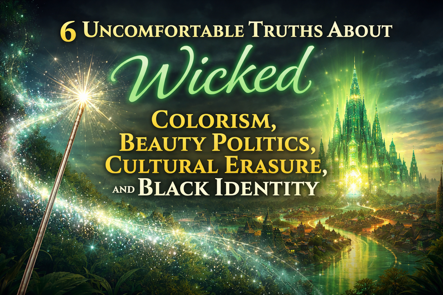 Emerald city skyline with a glowing wand symbolizing transformation and identity