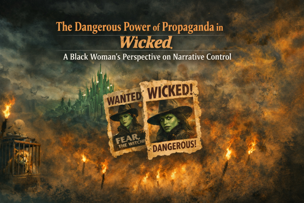 Elphaba flying above Oz symbolizing resistance, power, and defiance against propaganda and systemic oppression.