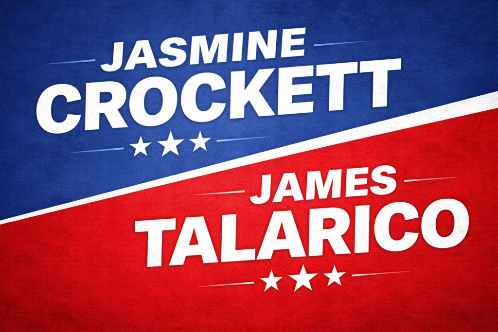 Jasmine Crockett and James Talarico facing off in a Texas Senate primary political concept image