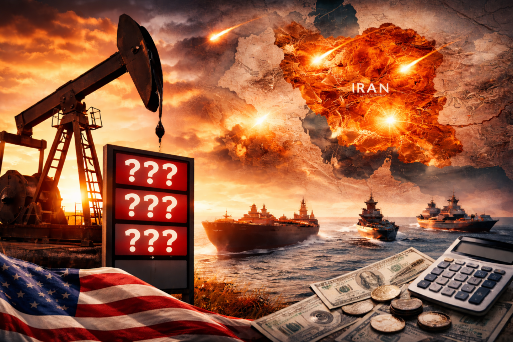 Oil pump with Middle East map overlay symbolizing rising oil prices due to Iran conflict