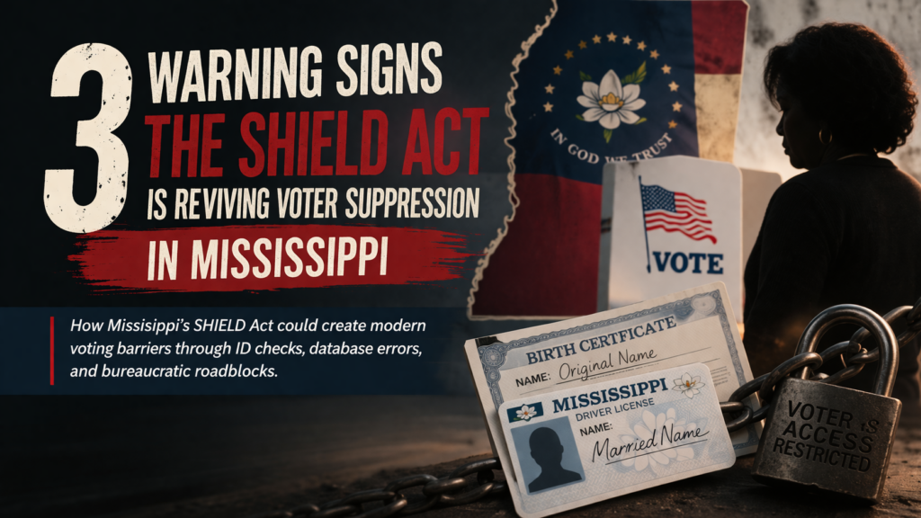 Editorial graphic about Mississippi’s SHIELD Act and concerns over voter suppression, ballot access, and election barriers affecting women, elderly voters, and Black communities.
