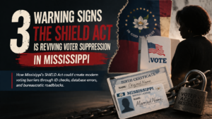 Editorial graphic about Mississippi’s SHIELD Act and concerns over voter suppression, ballot access, and election barriers affecting women, elderly voters, and Black communities.