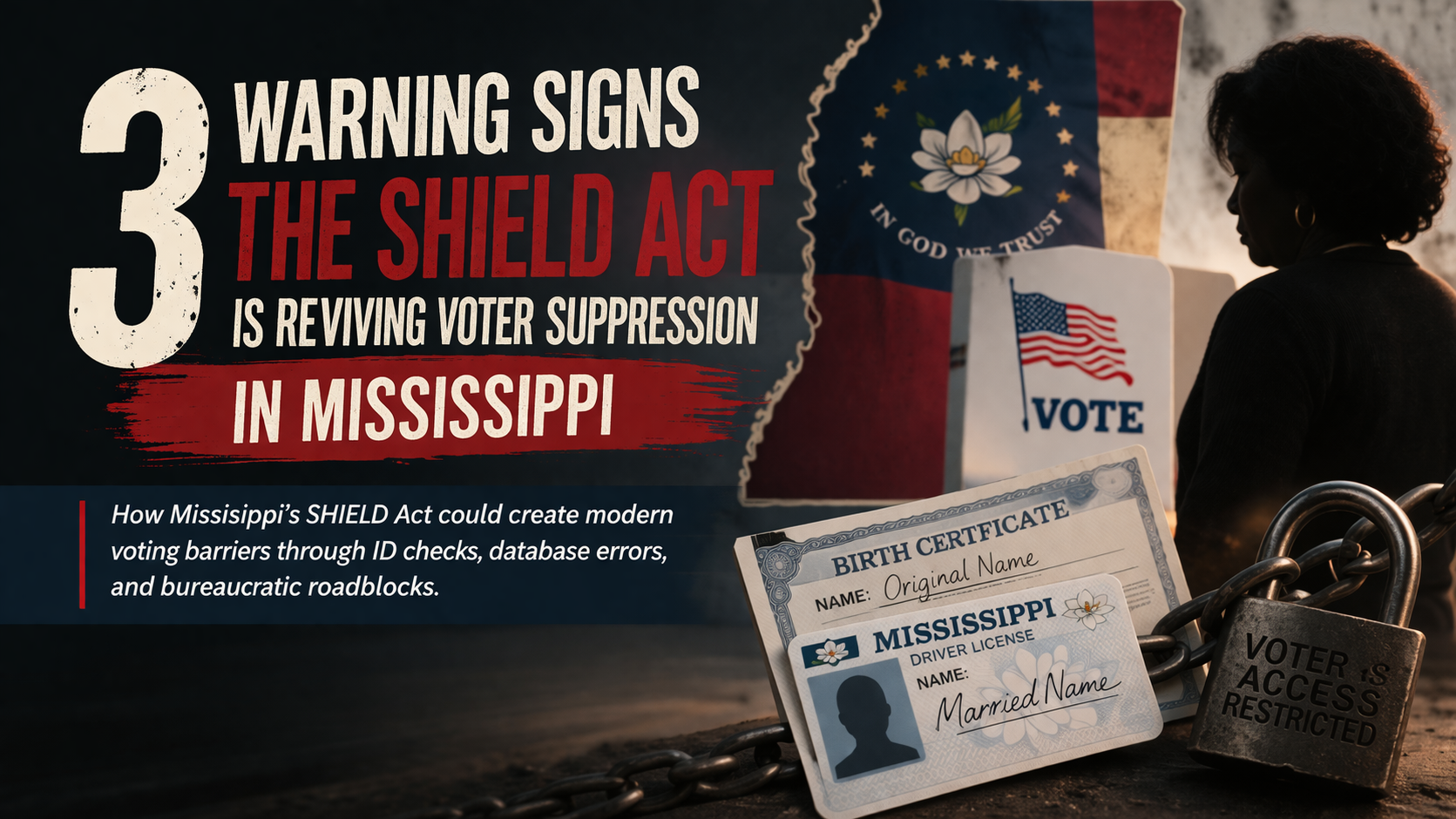 Editorial graphic about Mississippi’s SHIELD Act and concerns over voter suppression, ballot access, and election barriers affecting women, elderly voters, and Black communities.