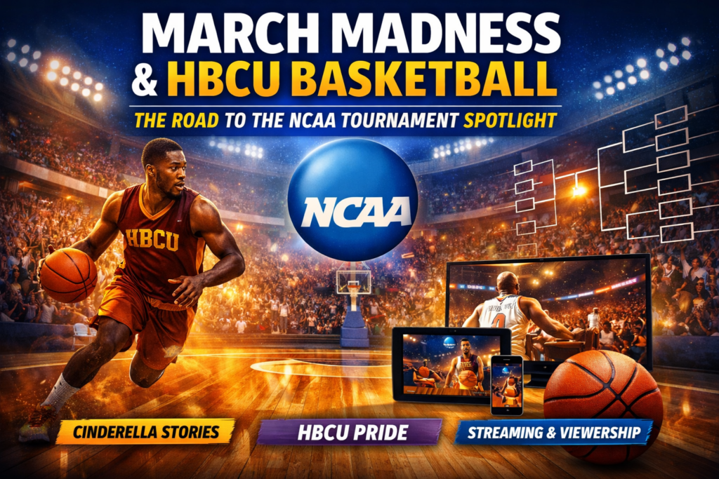 March Madness basketball court with bracket graphics representing NCAA tournament and HBCU basketball teams competing for national attention.