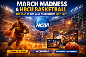 March Madness basketball court with bracket graphics representing NCAA tournament and HBCU basketball teams competing for national attention.