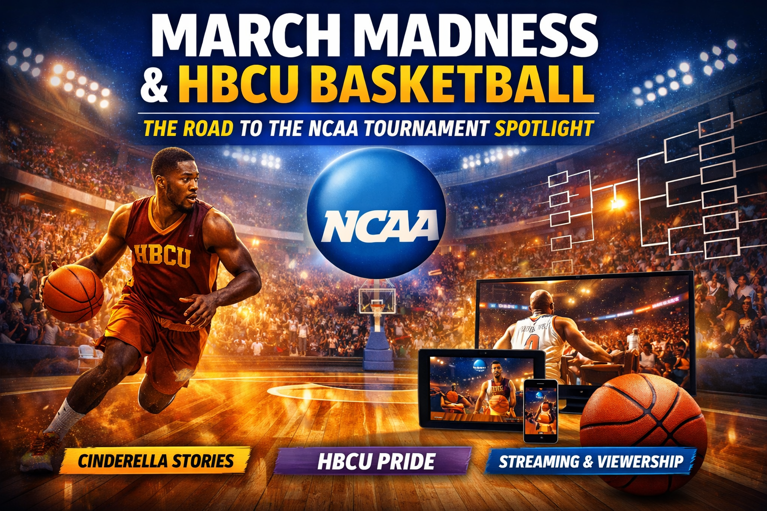 March Madness basketball court with bracket graphics representing NCAA tournament and HBCU basketball teams competing for national attention.