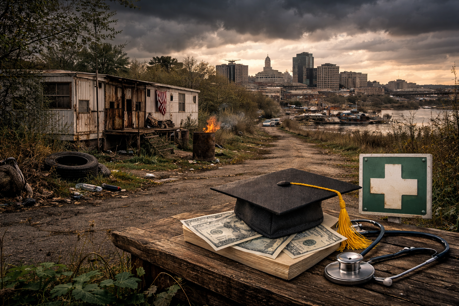 Rural Mississippi foreground with a graduation cap, cash, and stethoscope on a wooden table, overlooking a distressed neighborhood and distant city skyline under dark clouds