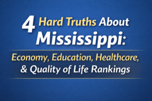 Mississippi ranking low in economy, education, healthcare, and quality of life with urban and rural imagery representing economic challenges and community resilience
