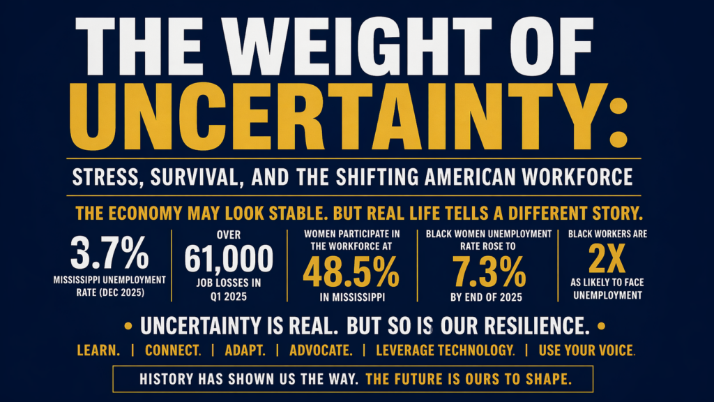 Bold typographic graphic titled “The Weight of Uncertainty” highlighting workforce stress, unemployment statistics, and economic instability in America with key figures on job loss, AI impact, and resilience messaging.