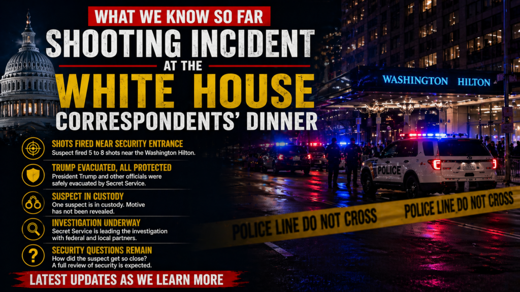 Police and Secret Service agents respond to shooting at Washington Hilton during White House Correspondents Dinner as attendees take cover
