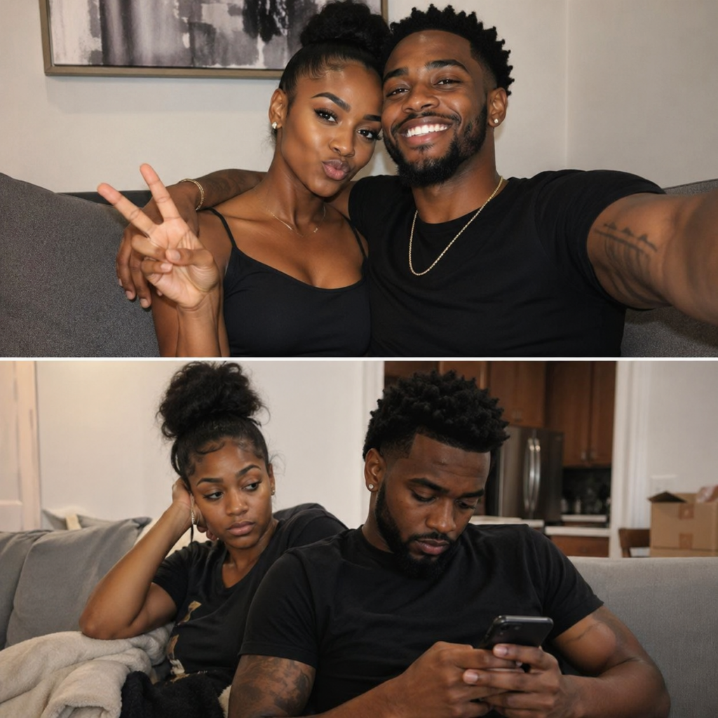 Split image of an African American couple showing a happy social media selfie contrasted with a realistic moment of disconnection at home, highlighting the difference between online appearances and real relationship dynamics.