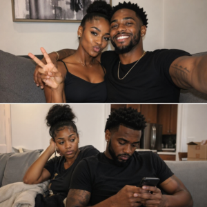 Split image of an African American couple showing a happy social media selfie contrasted with a realistic moment of disconnection at home, highlighting the difference between online appearances and real relationship dynamics.