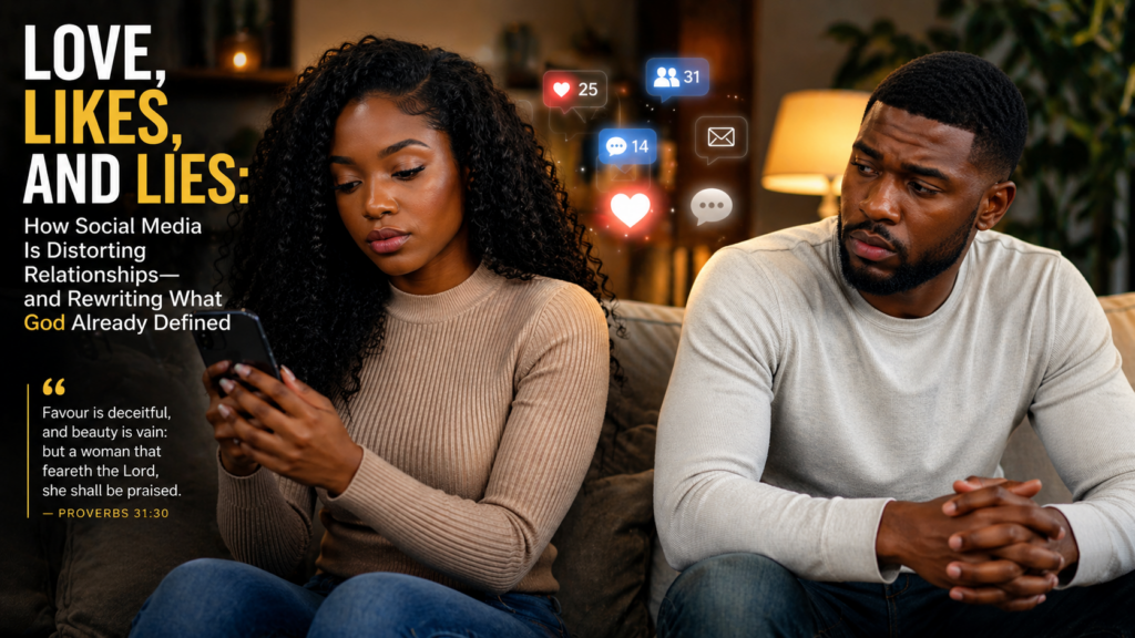 A thoughtful depiction of a couple separated by social media icons, symbolizing how digital influence is shaping modern relationships and distorting expectations around love, faith, and commitment.