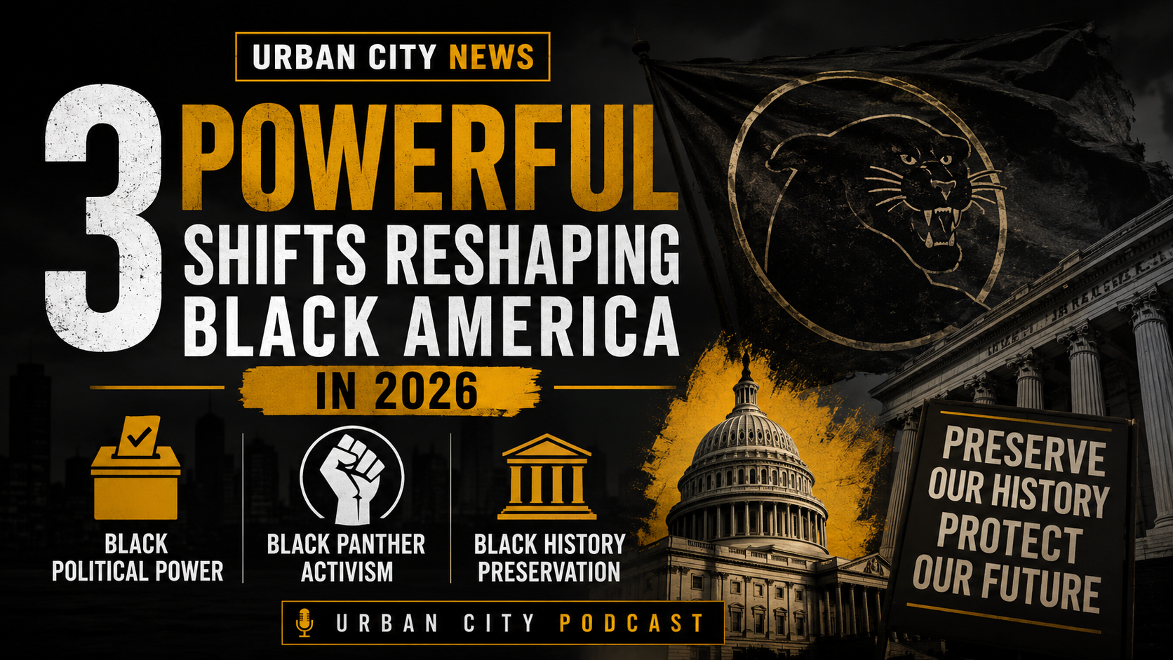 Black activists, political leaders, and cultural institutions symbolizing the rise of Black political power and historical preservation in America during 2026.