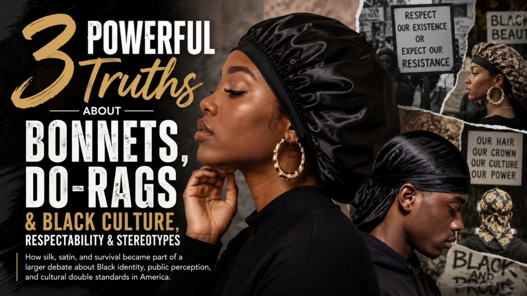 Black woman wearing a satin bonnet while reflecting on identity, culture, and public perception in America.