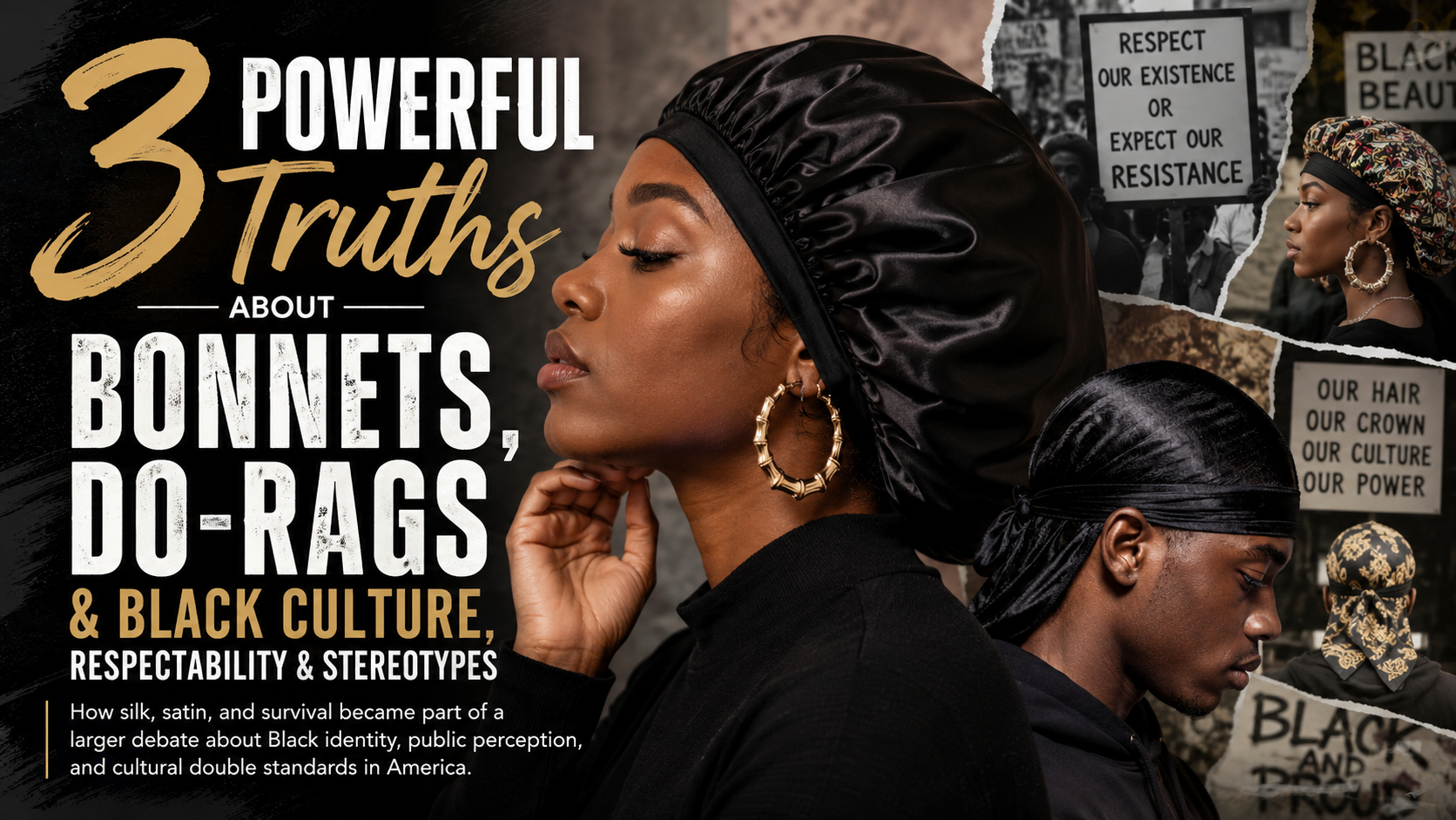 Black woman wearing a satin bonnet while reflecting on identity, culture, and public perception in America.
