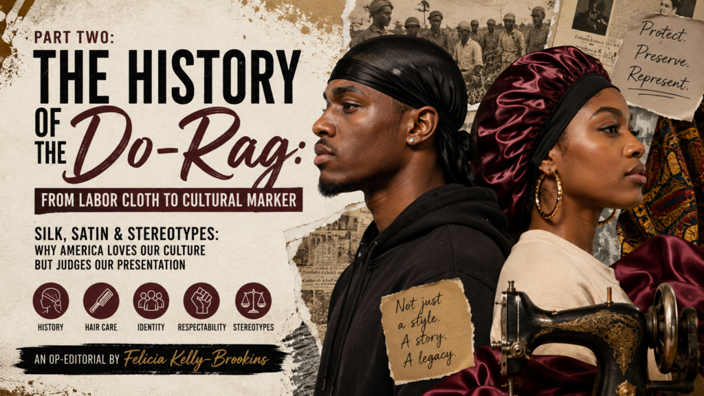 Black man wearing a black do-rag and Black woman wearing a satin bonnet representing cultural identity, hair protection, and conversations surrounding race, respectability, and stereotypes in America.