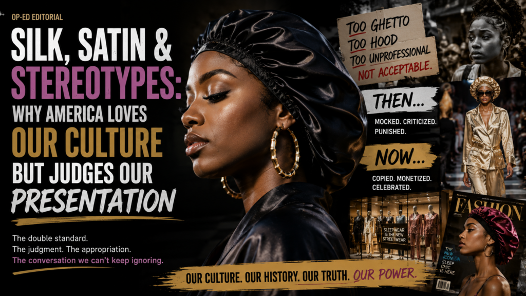 Black man and woman wearing bonnets and streetwear while facing public judgment and cultural scrutiny in an urban setting