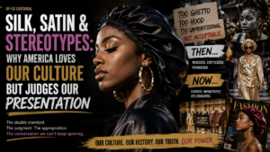 Black man and woman wearing bonnets and streetwear while facing public judgment and cultural scrutiny in an urban setting