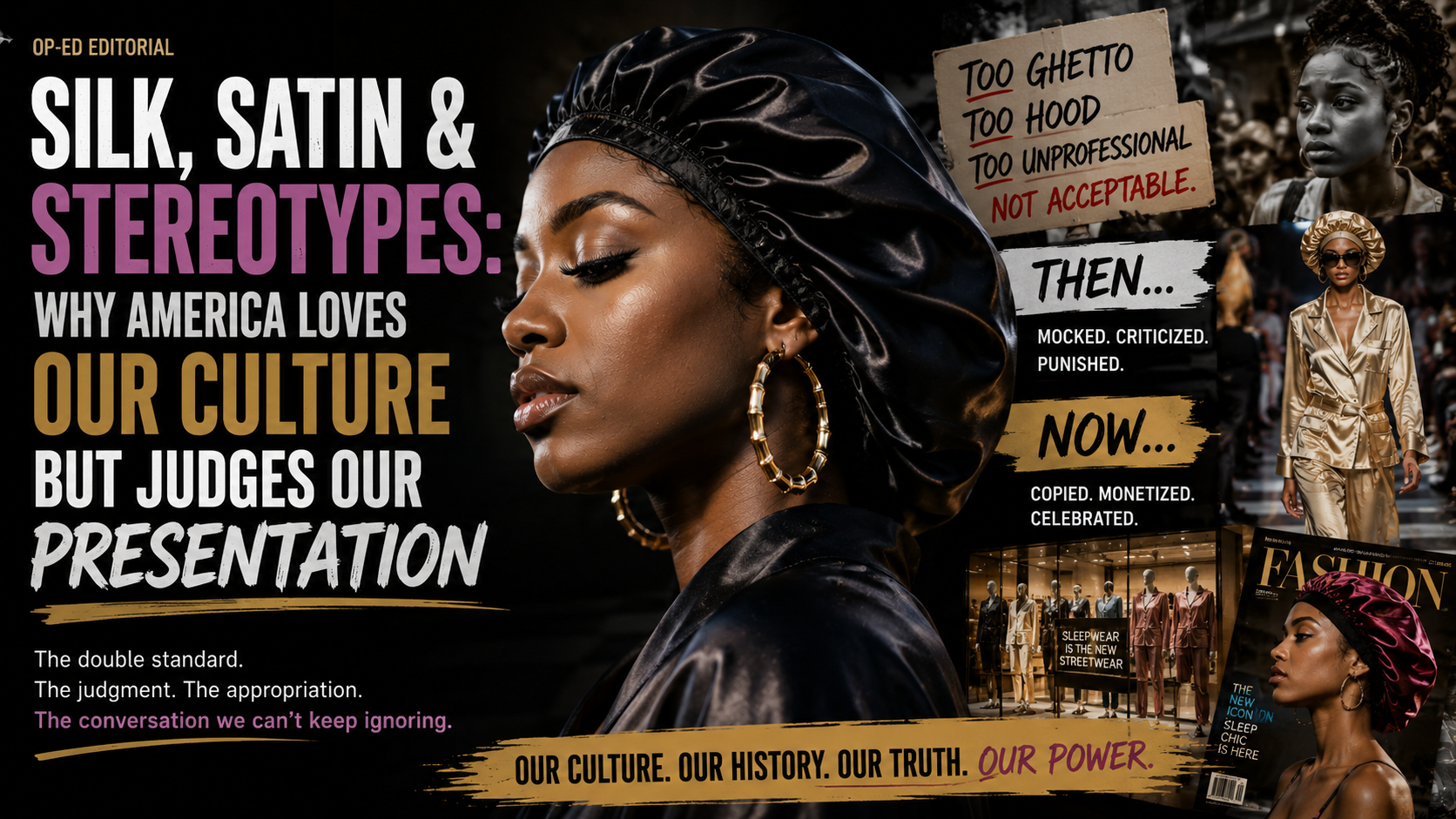 Black man and woman wearing bonnets and streetwear while facing public judgment and cultural scrutiny in an urban setting