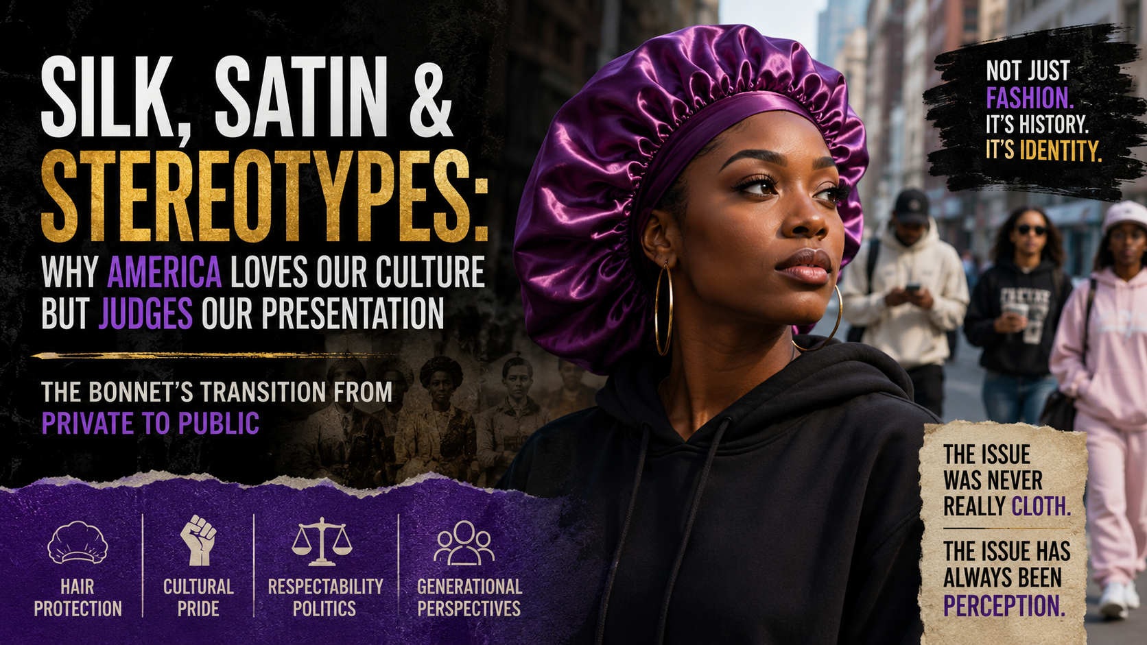 Black woman wearing a satin bonnet confidently walking through a modern public setting while people around her display casual fashion styles.