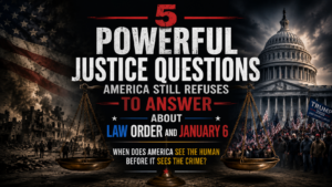 A symbolic image of the scales of justice standing before the U.S. Capitol with shadows representing racial inequality, historical trauma, and debates surrounding January 6 and American justice.