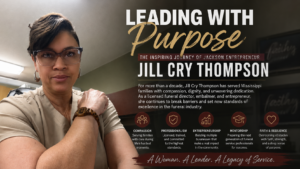 Portrait feature graphic highlighting Jackson, Mississippi entrepreneur Jill Cry Thompson and her work in funeral service and community care.